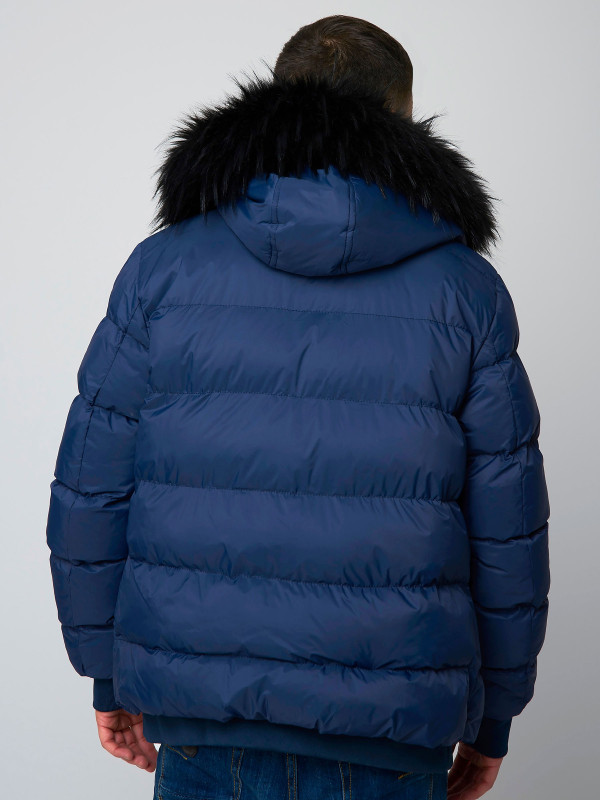short puffer coat with fur hood