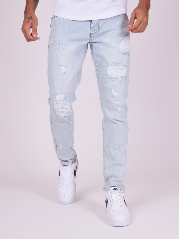 Jeans rectos rotos con agujeros - Azul claro