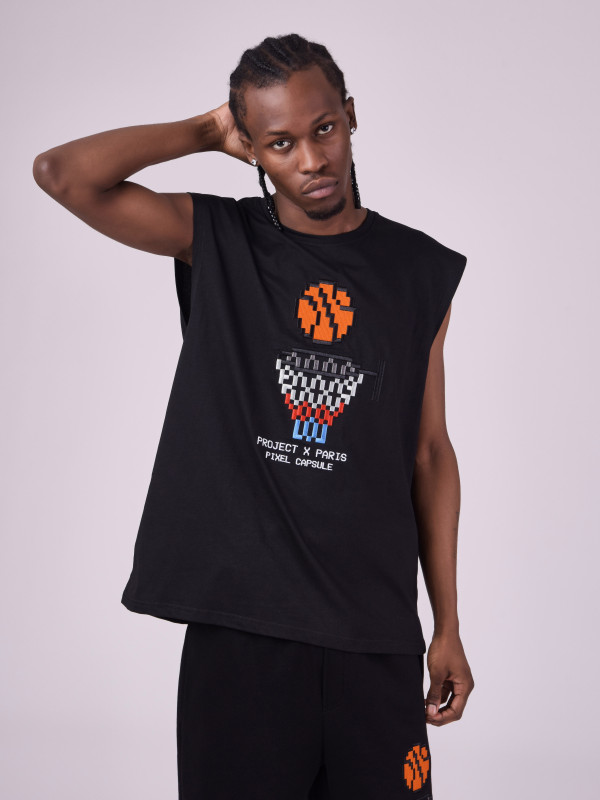 Pixel basketball design sleeveless tee-shirt - Black