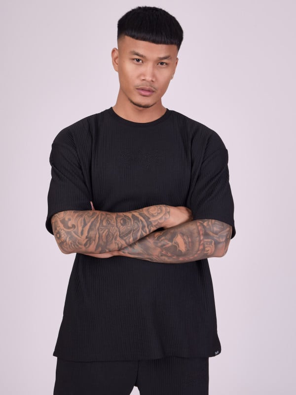 Oversized tee-shirt in textured fabric - Black