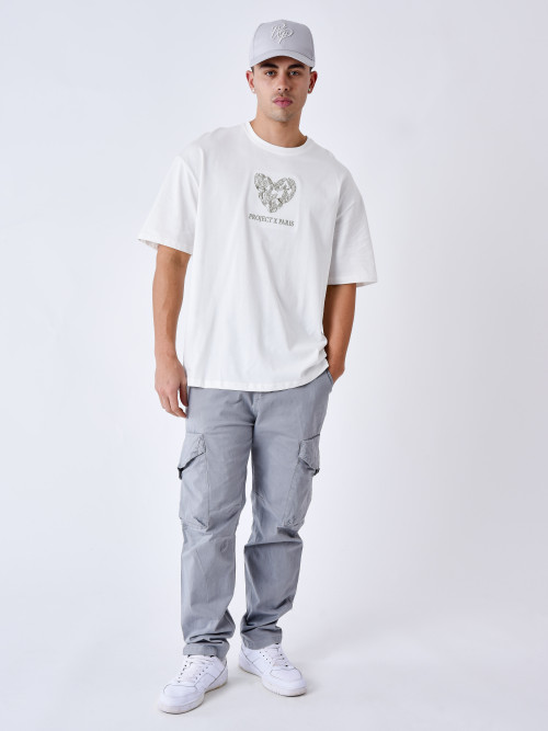 T-shirt com coração de borboleta bordado - Branco