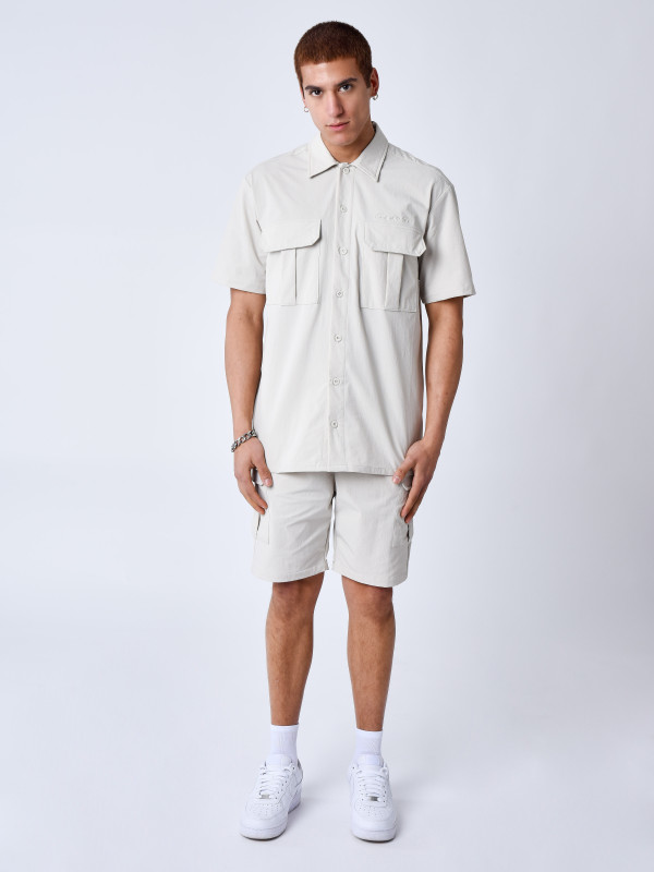 Plain textured short-sleeve shirt - Greige