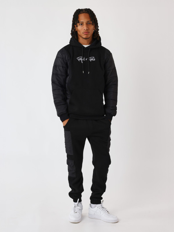 Kapuzen-Sweatshirt mit Zwei-Materialien-Einsatz - Schwarz